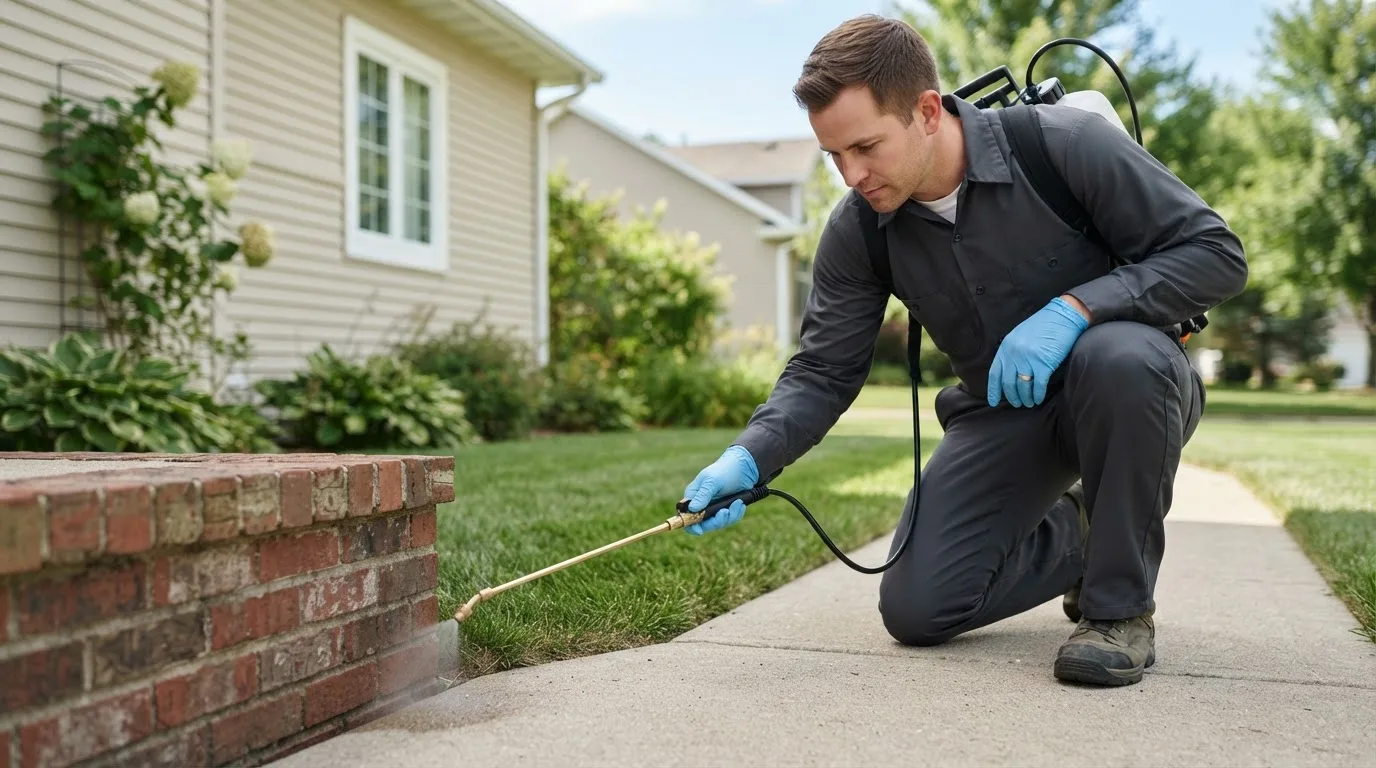 Pest control technician treating a home near Callands, VA